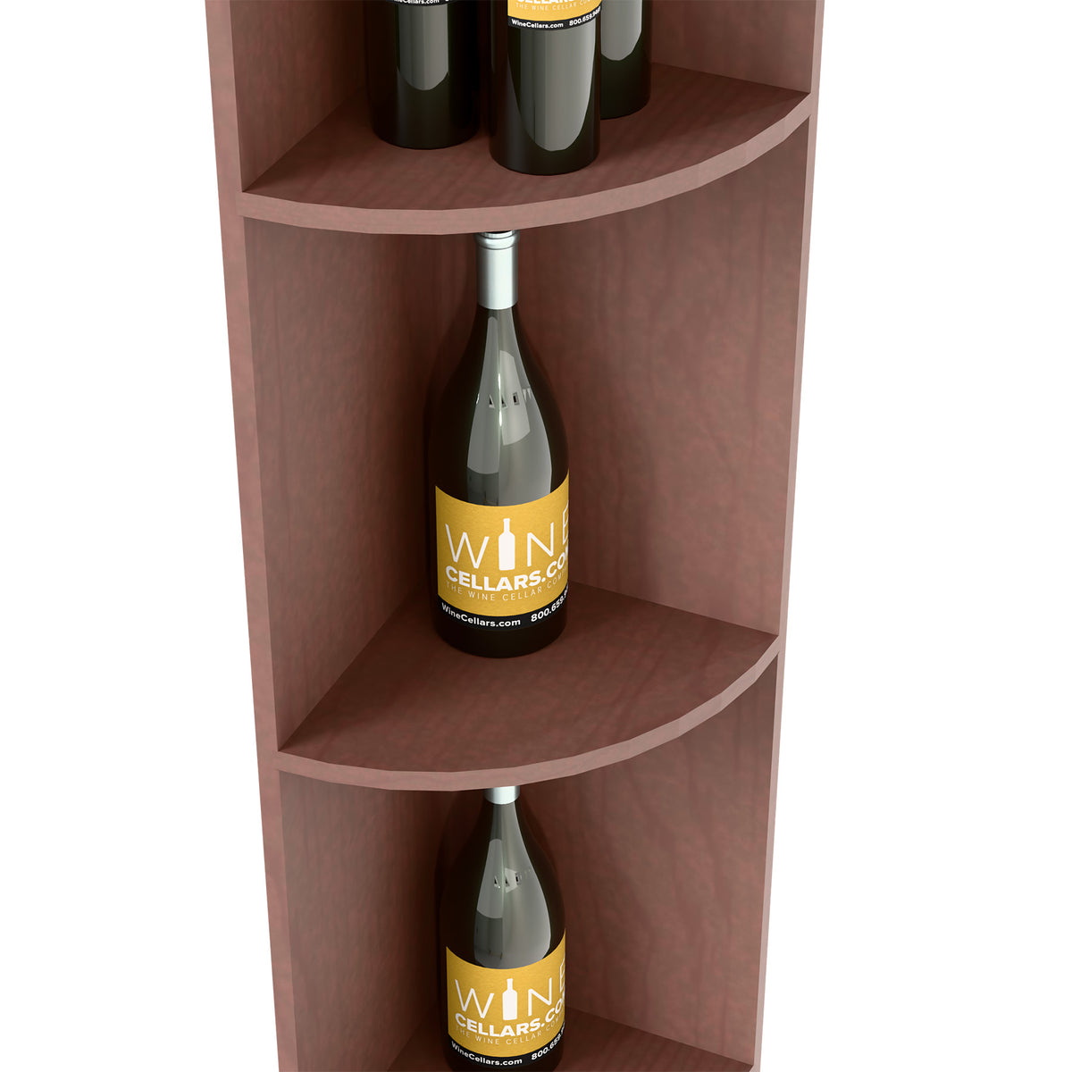 Quarter-round corner shelf with curved round tiers, dark brown finish and bottle storage