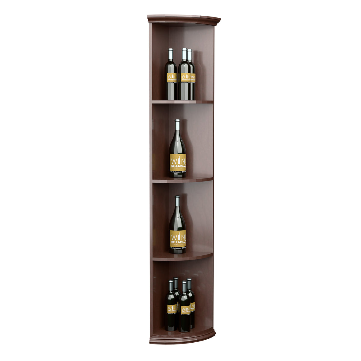 Quarter-round wooden wine shelf with curved round base, holding four bottles and a display row.