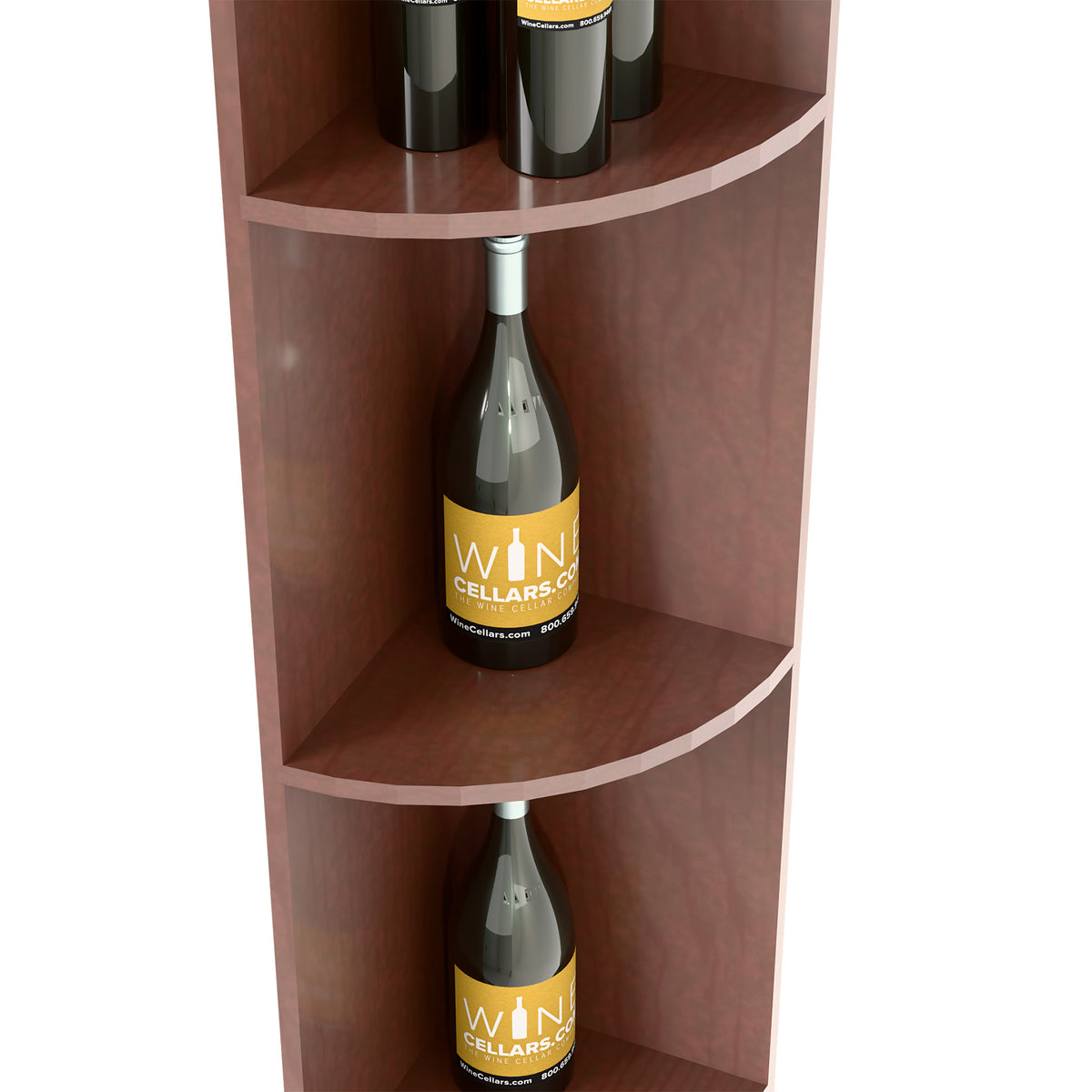 Quarter-round wooden wine shelf interior with curved tiers for bottle storage.