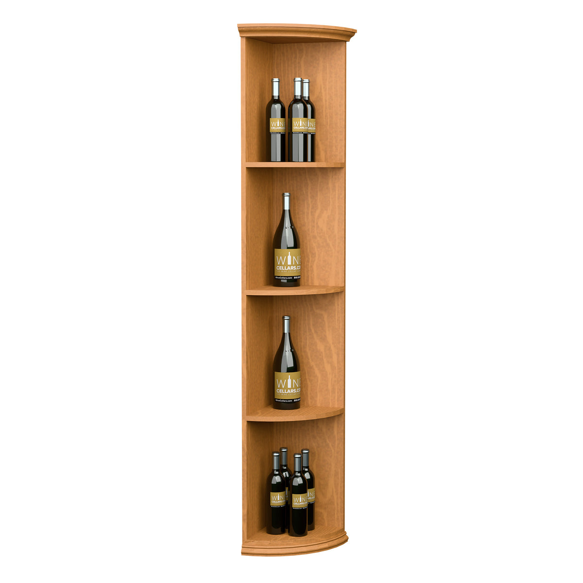 Quarter-round wooden wine shelf with rounded base and open curved shelves, holding bottles.