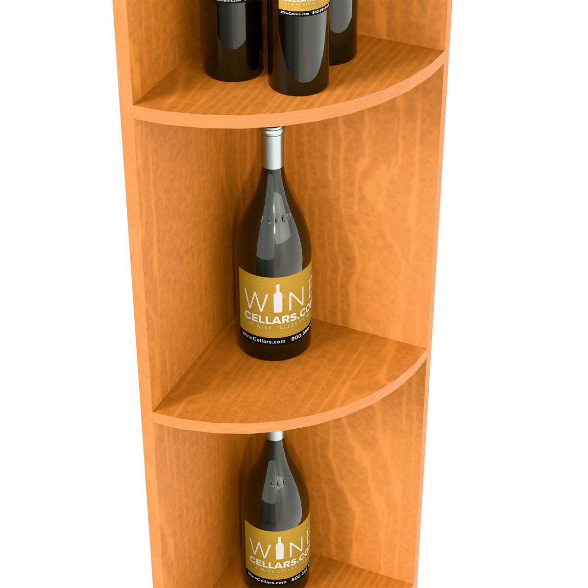 Quarter-round wooden wine shelf corner with curved shelves for displaying wine bottles.