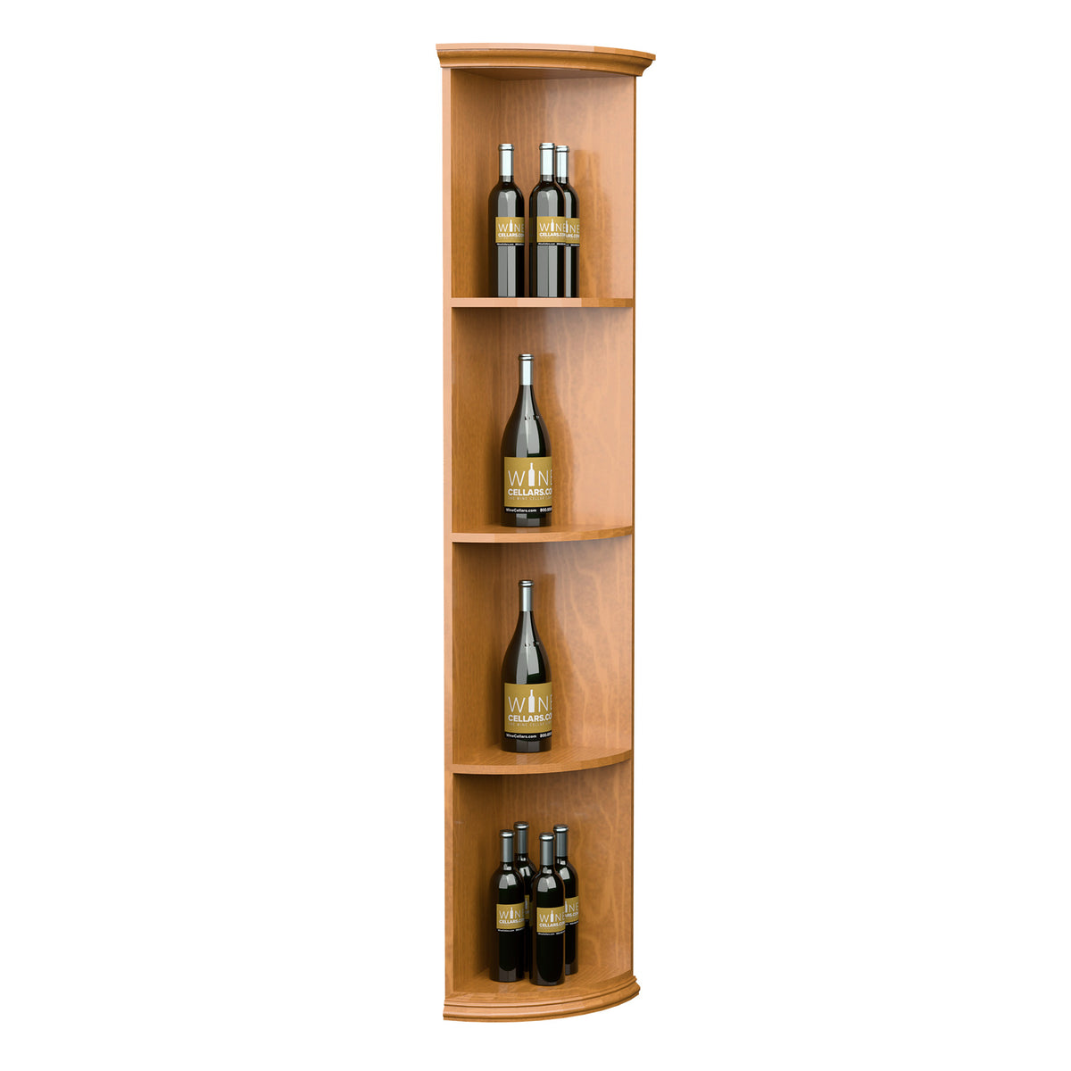 Quarter-round wooden wine shelf with curved round base, open tiers for bottle storage.