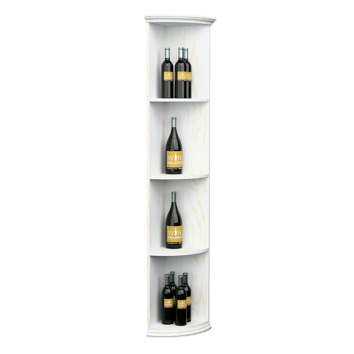 Quarter-round white wine shelf with curved round base and open shelves holding bottles.