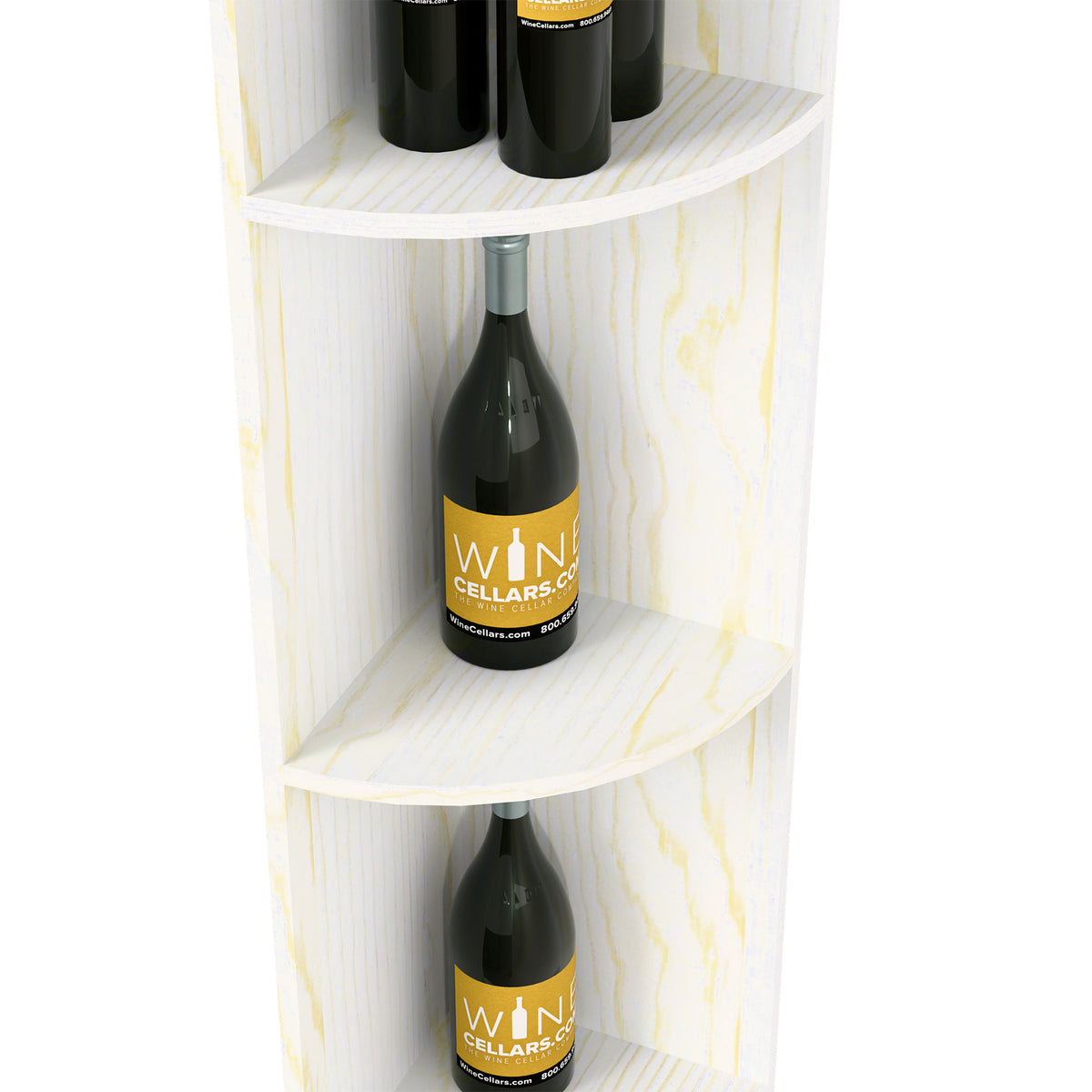 Quarter-round white wine shelf interior with curved shelves for holding wine bottles.