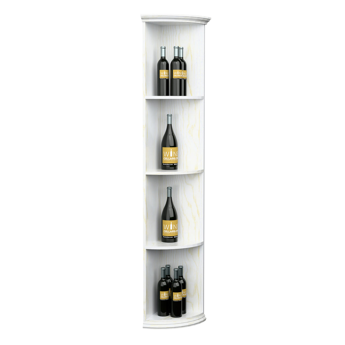 Quarter-round white wooden wine shelf with rounded base, open curved tiers for bottles.