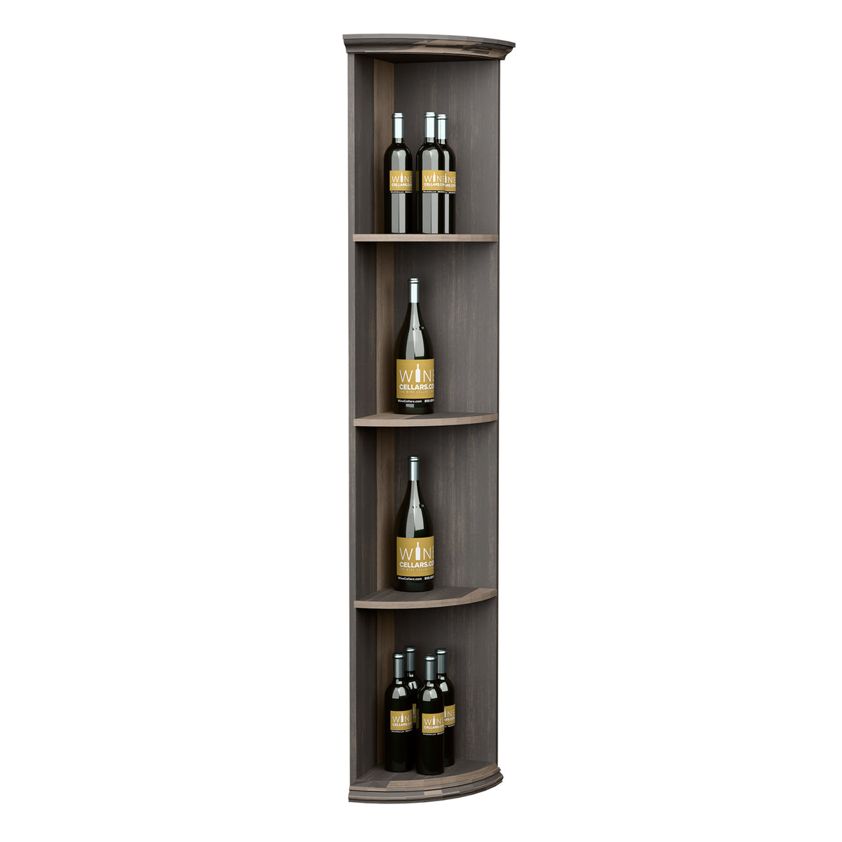 Tall corner wine shelf with quarter-round shelves, round base, and gray wood finish