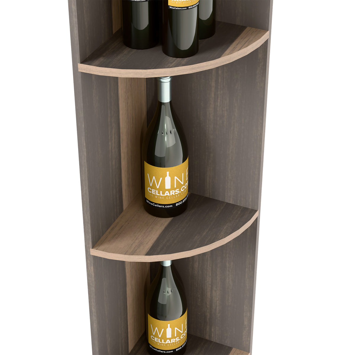 Quarter-round wine shelf with two curved compartments holding bottles; gray wood