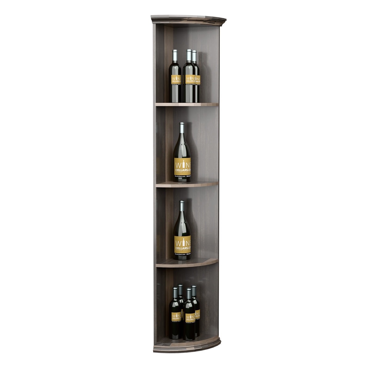 Tall corner wine shelf with quarter-round shelves and round base; gray wood look
