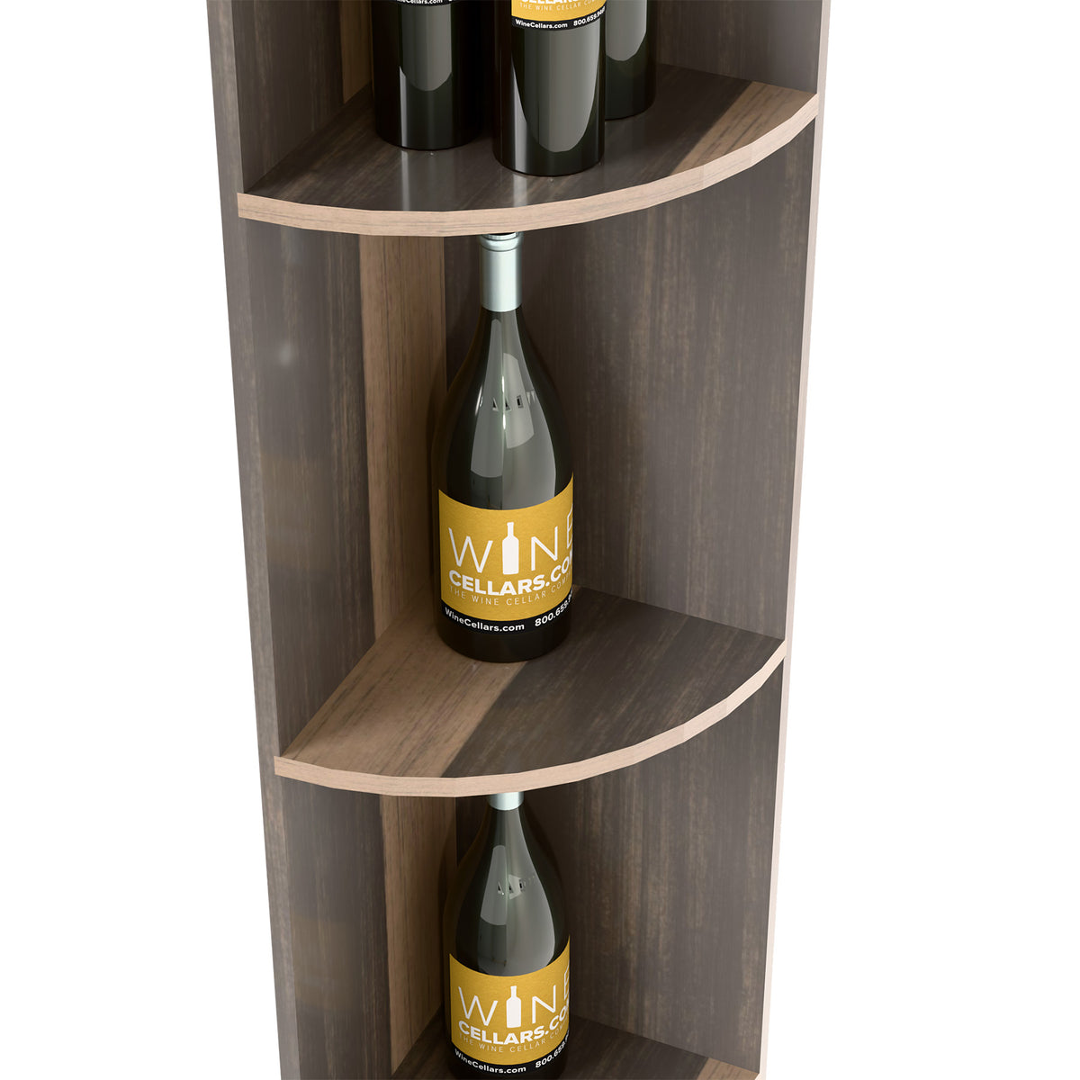 Curved wine shelf compartment with bottle on middle shelf; gray wood with light trim