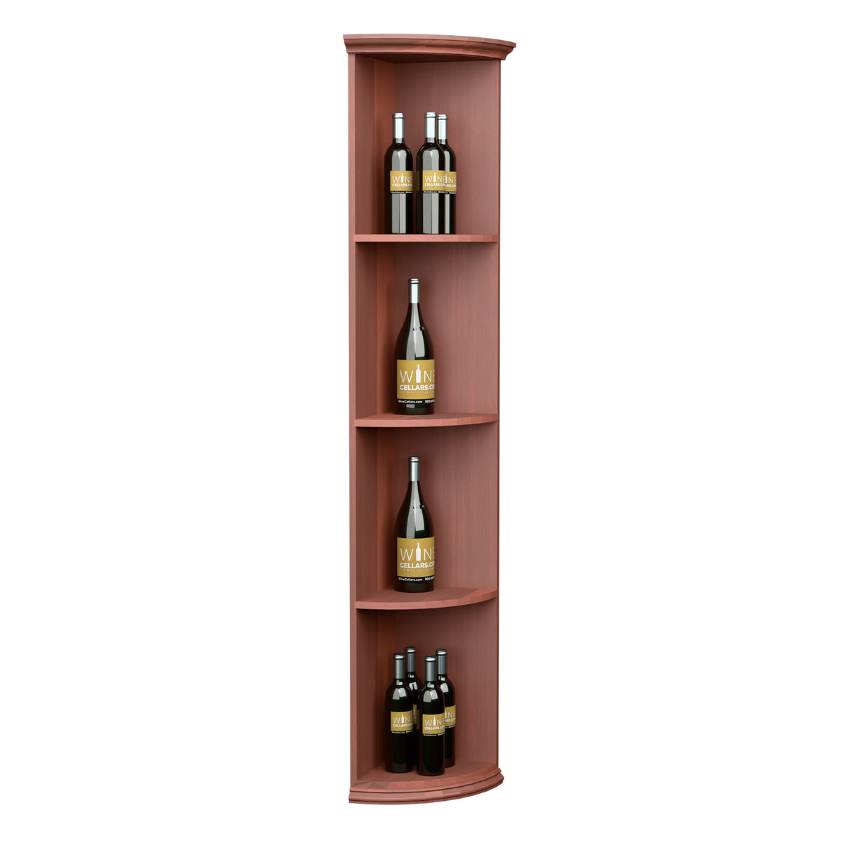 Tall corner wine shelf with quarter-round shelves and round base; reddish-brown wood