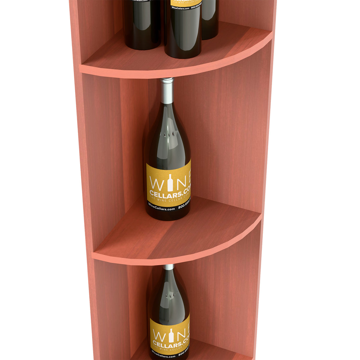 Quarter-round wine shelf with bottle on upper shelf; reddish-brown wood interior