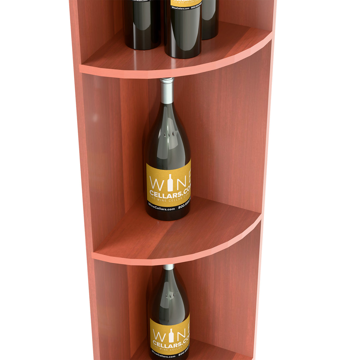 Quarter-round wine shelf with bottle on upper shelf; red wood and curved openings