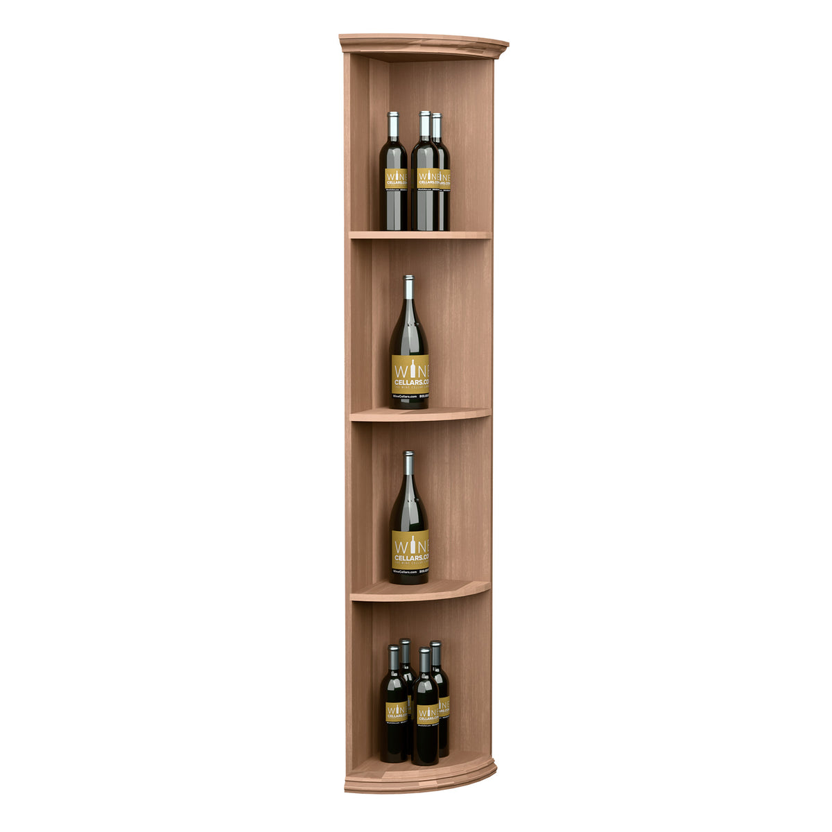 Tall corner wine shelf with quarter-round shelves and round base; light tan wood