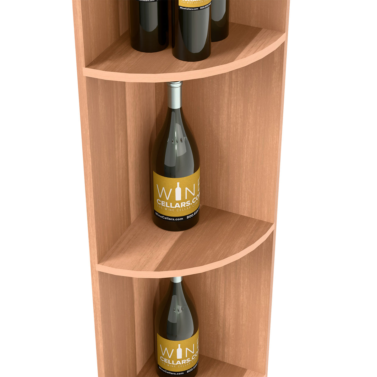 Curved wine shelf with bottle on middle shelf; light tan wood and round openings