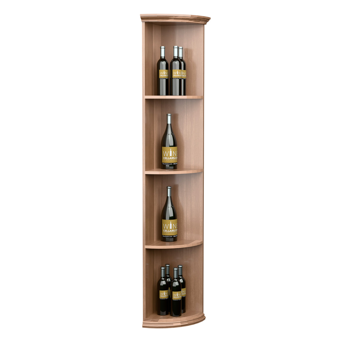 Solid quarter-round wooden shelf with rounded base, four curved bottle shelves