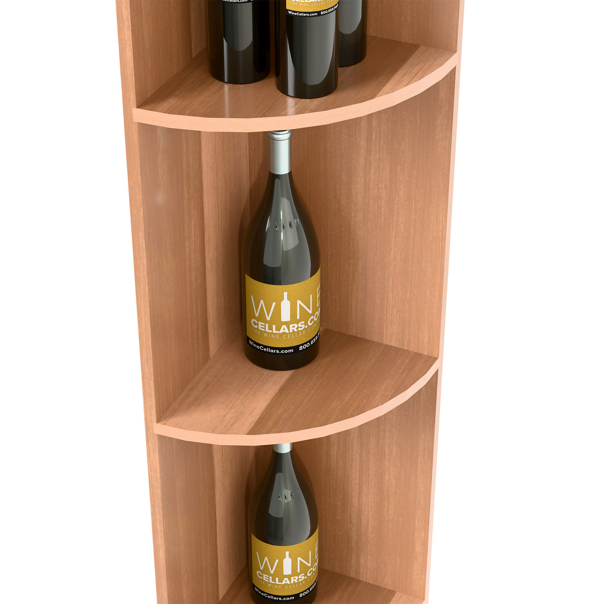 Quarter-round wooden wine shelf unit with curved tiers and bottle display area