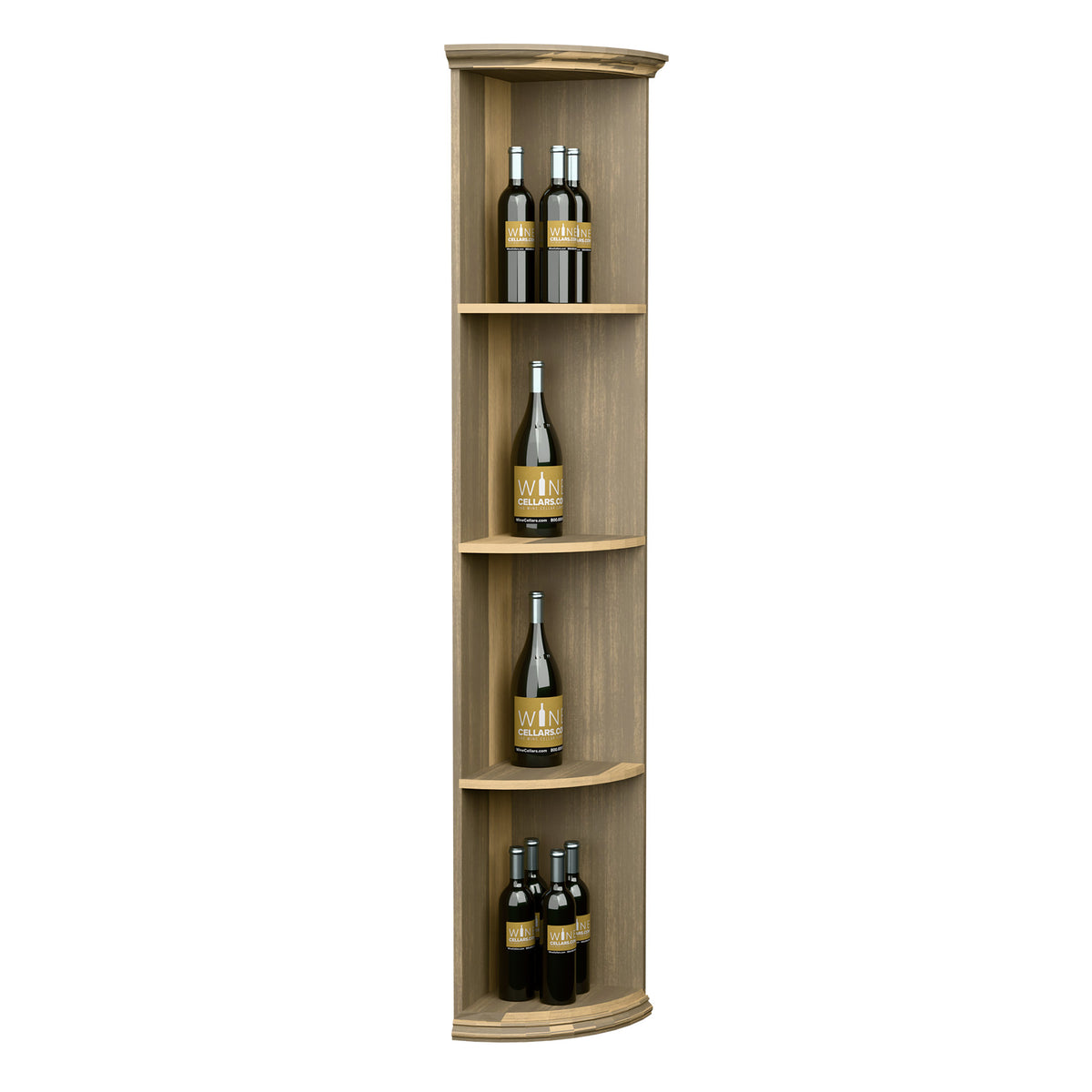 Solid quarter-round wooden shelf with rounded base, four curved bottle compartments
