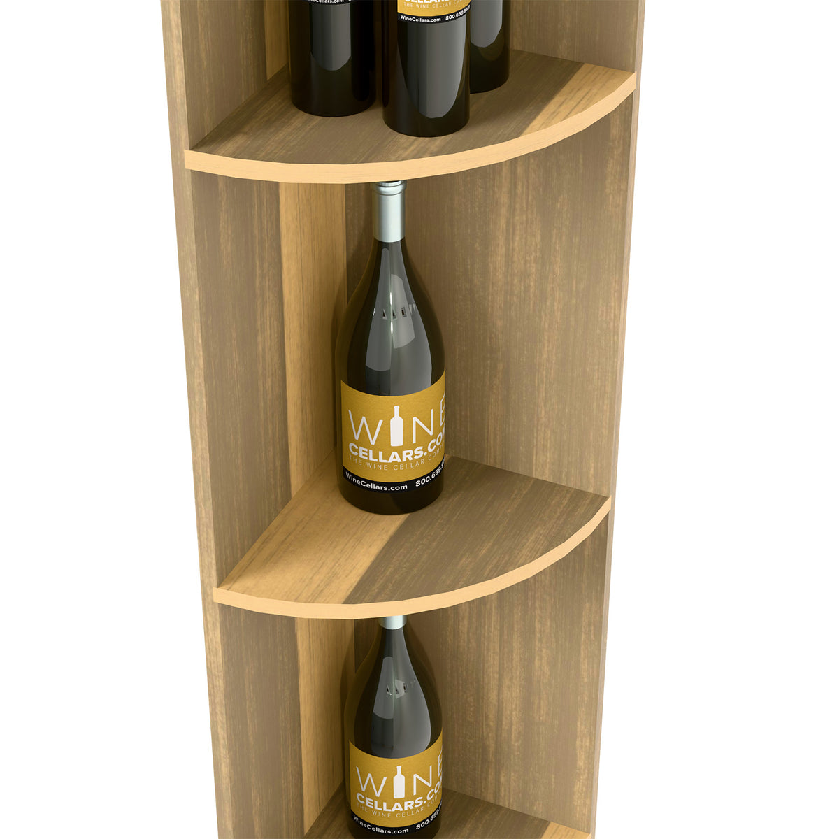 Quarter-round wood shelf with curved tiers and central bottle on middle shelf