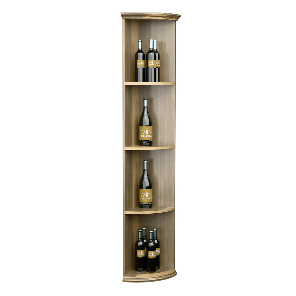 Solid quarter-round wooden display shelf with round base, four curved shelves