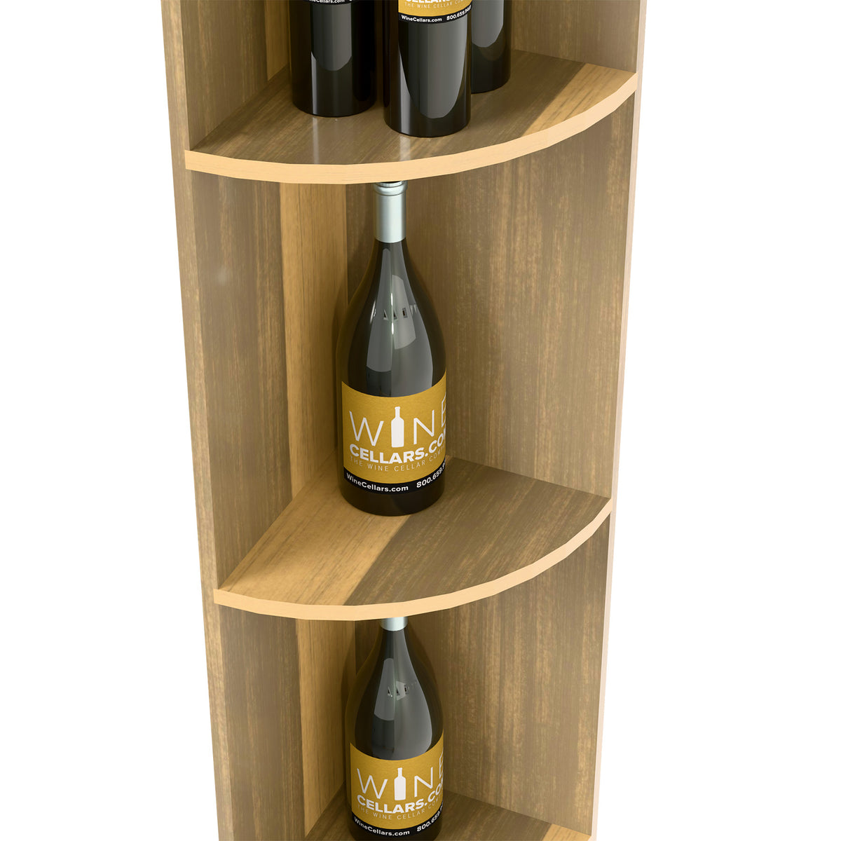 Quarter-round wooden bottle shelf with curved tiers and bottle centered on shelf