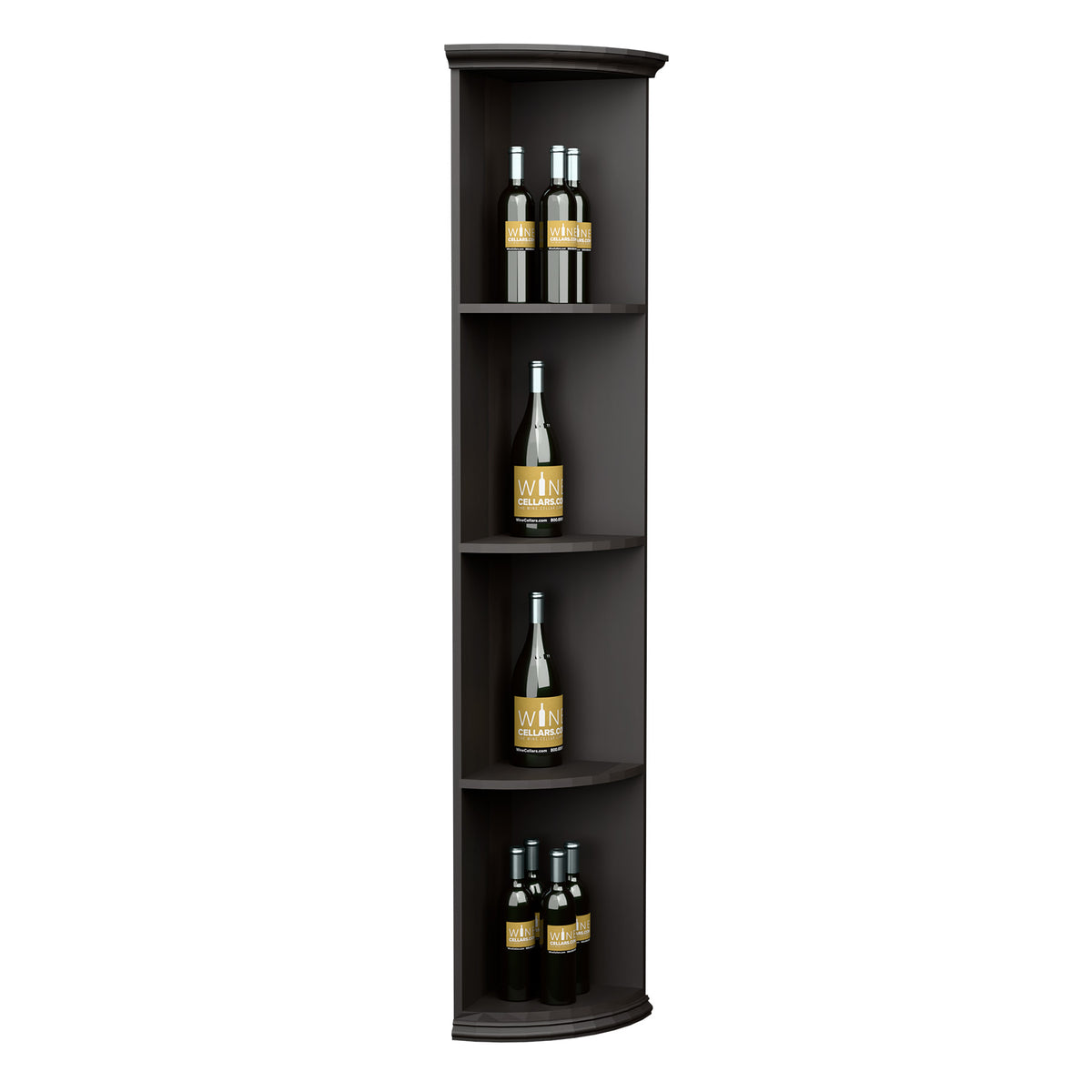 Solid quarter-round dark shelf with rounded base, four curved bottle shelves