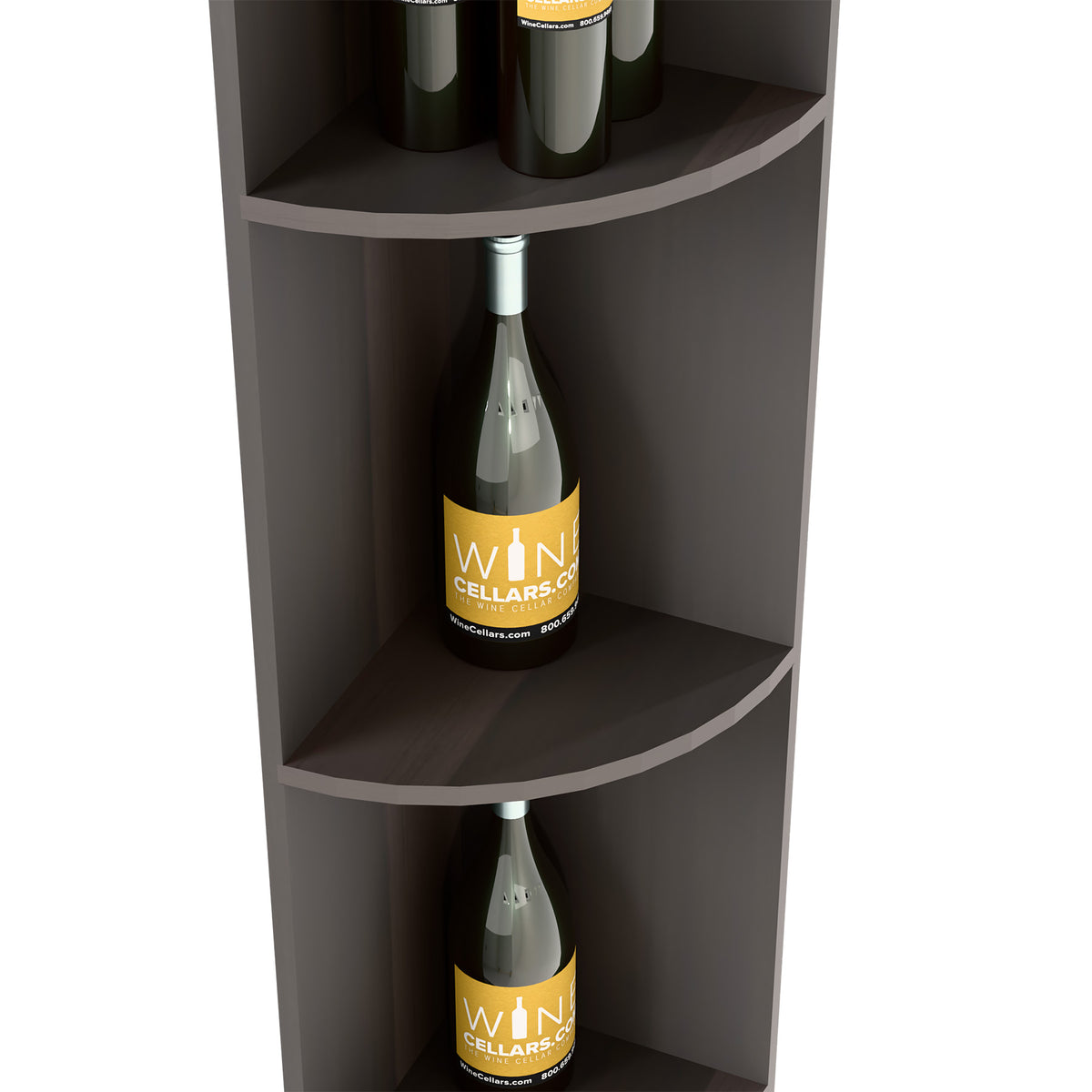 Quarter-round dark wood shelf with curved tiers and bottle display nook