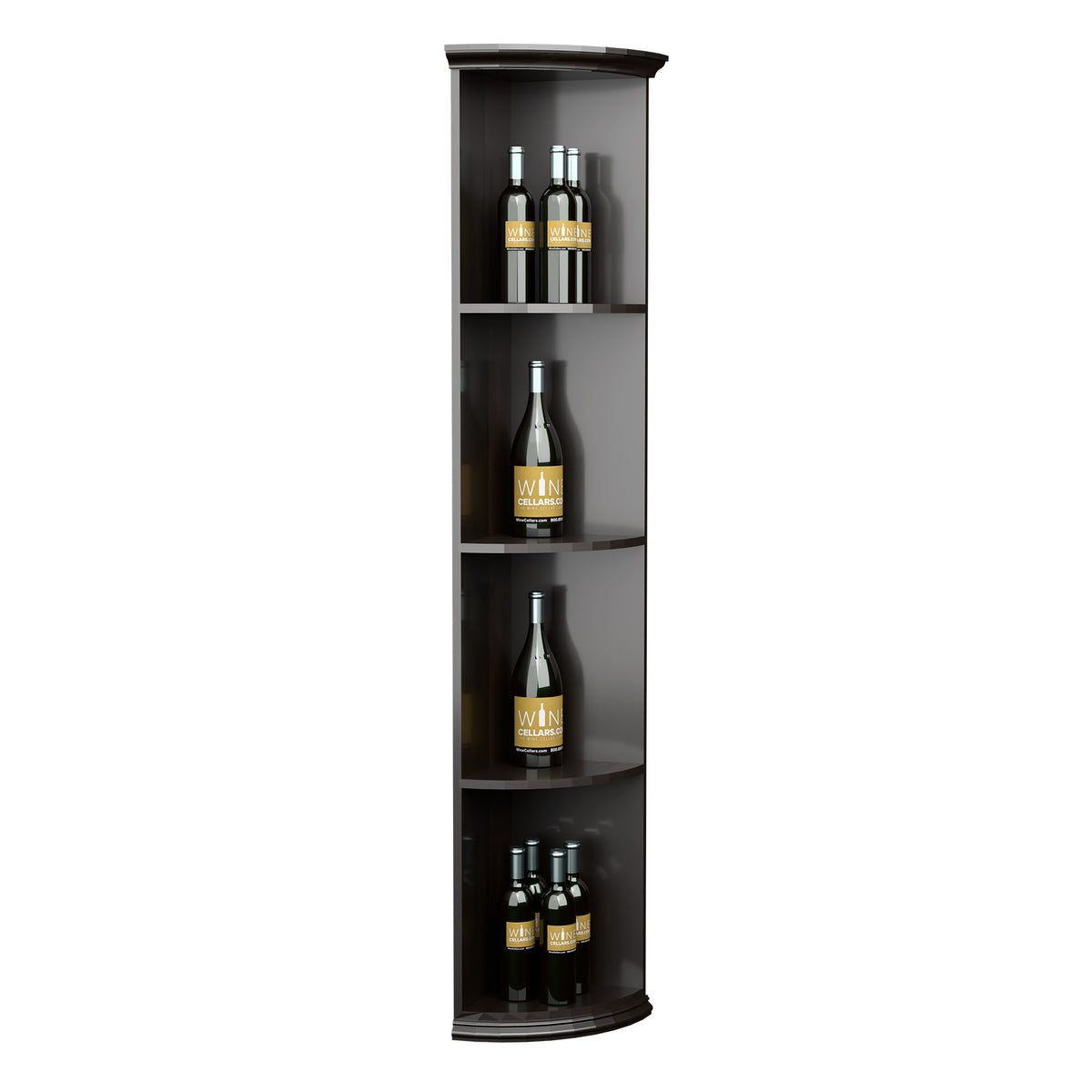 Solid quarter-round dark wooden display shelf with round base and four shelves