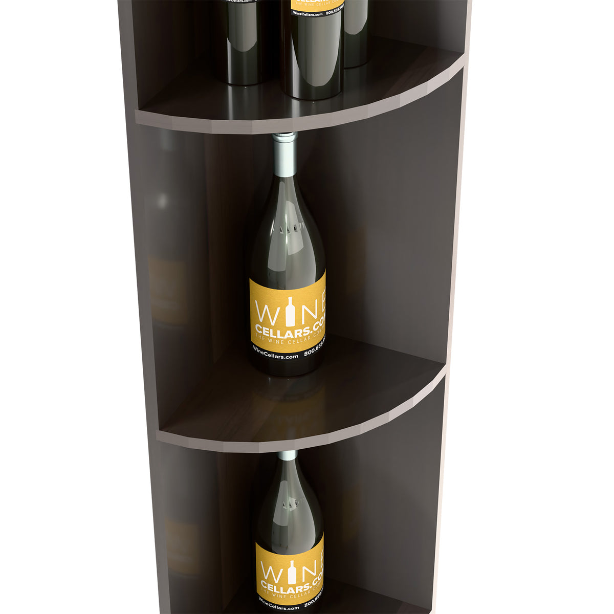 Quarter-round dark wood bottle shelf with curved tiers and bottle on middle shelf