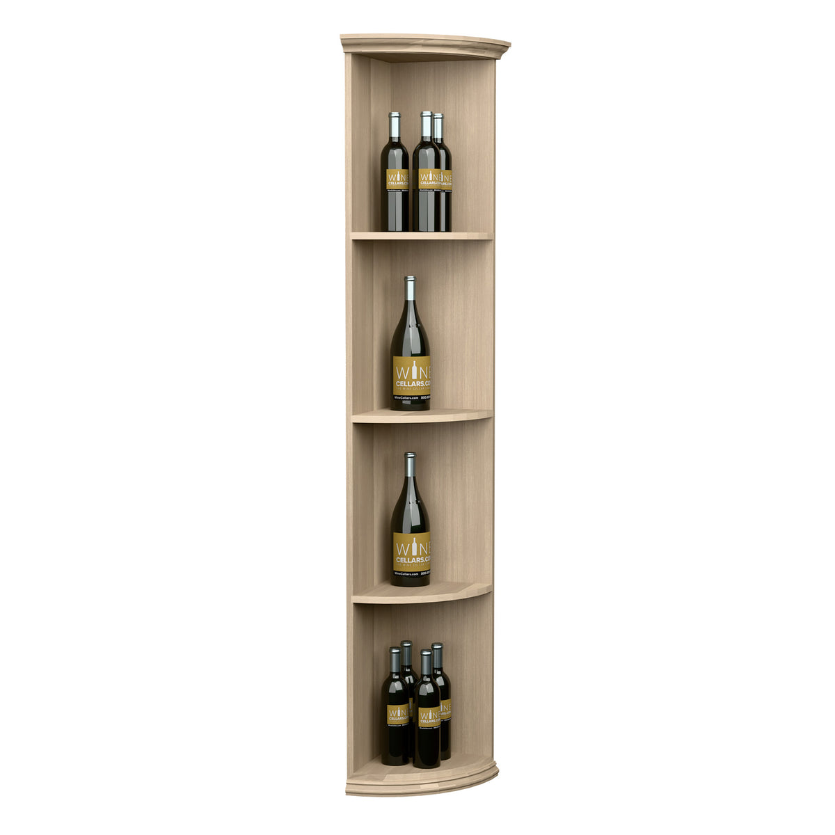 Quarter-round wood wine shelf with round base, tall 3-tier open cubbies