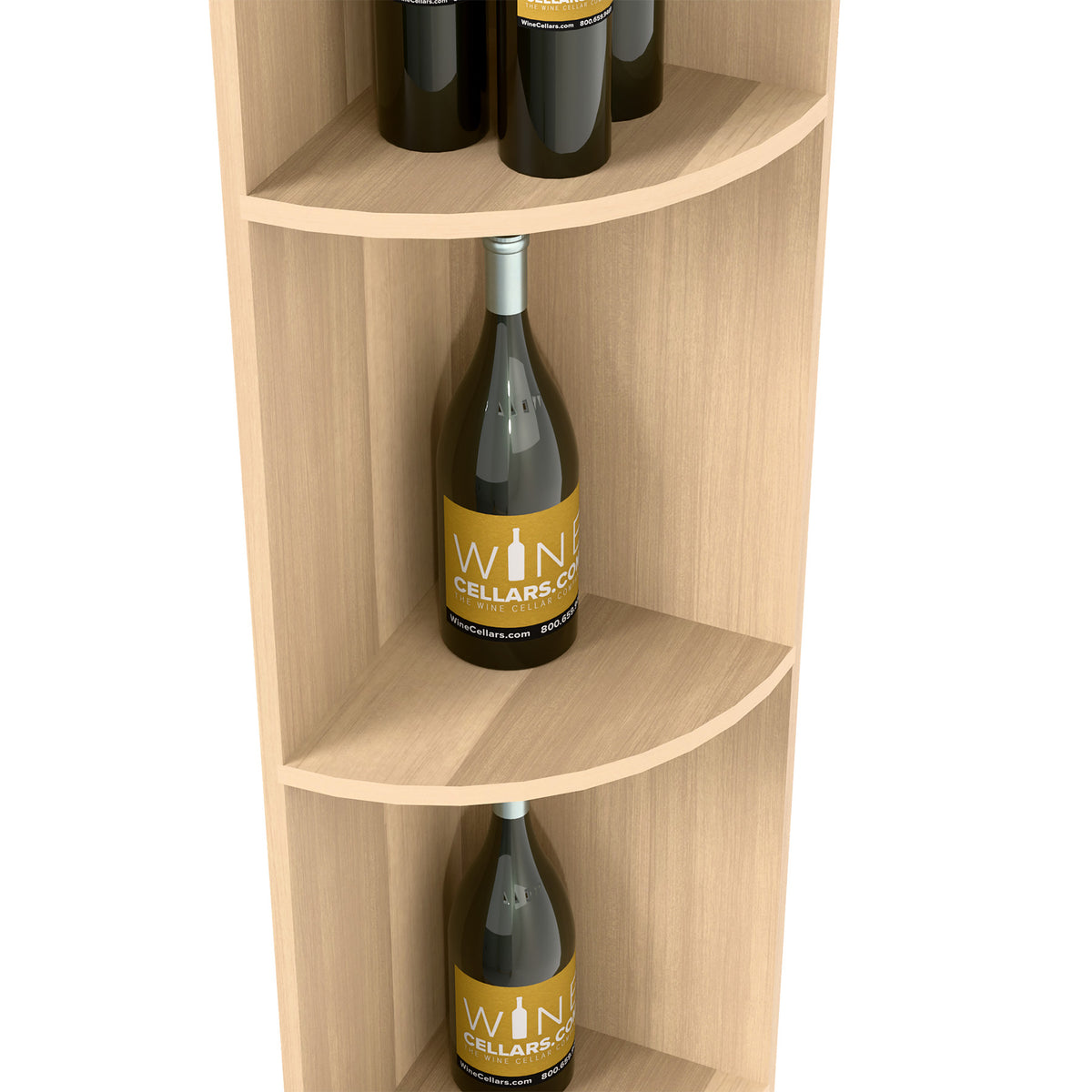 Quarter-round wood wine shelf cubbies holding wine bottles, two shelves visible
