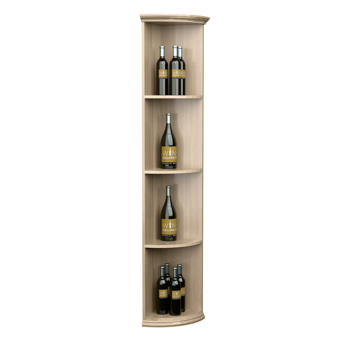 Light wood quarter-round wine shelf with round base and three curved bottle cubbies