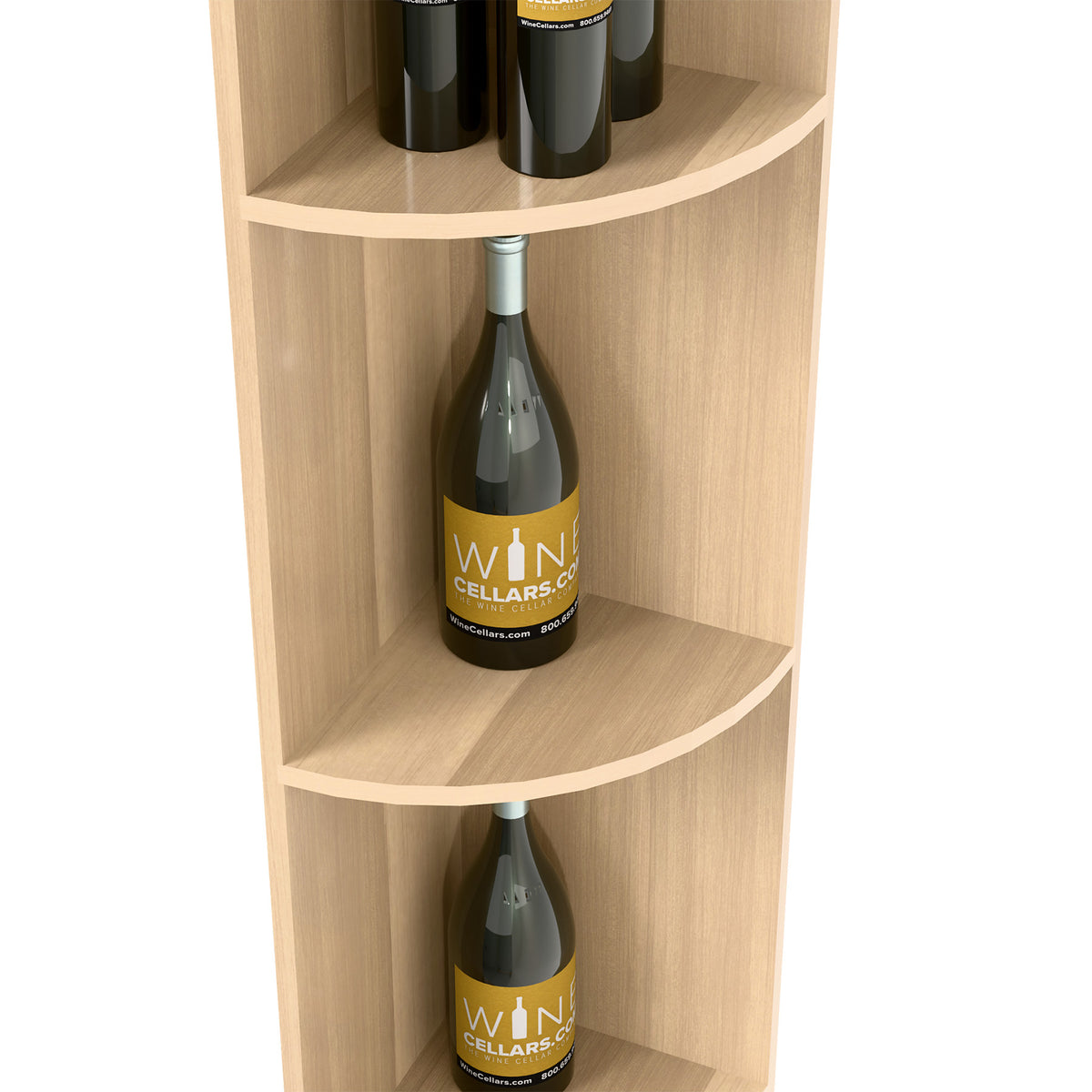 Medium wood quarter-round shelf with curved cubbies and wine bottles on two levels