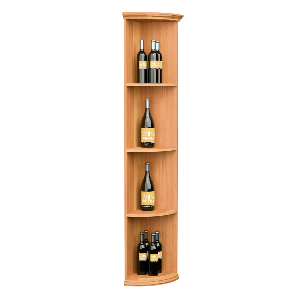 Medium wood quarter-round wine shelf with round base, three curved open sections