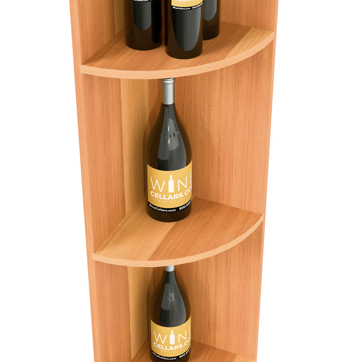 Medium wood quarter-round shelf with curved cubbies and wine bottles, two levels