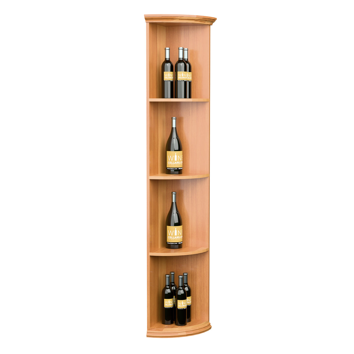 Light-medium wood quarter-round wine shelf with round base and three bottle cubbies