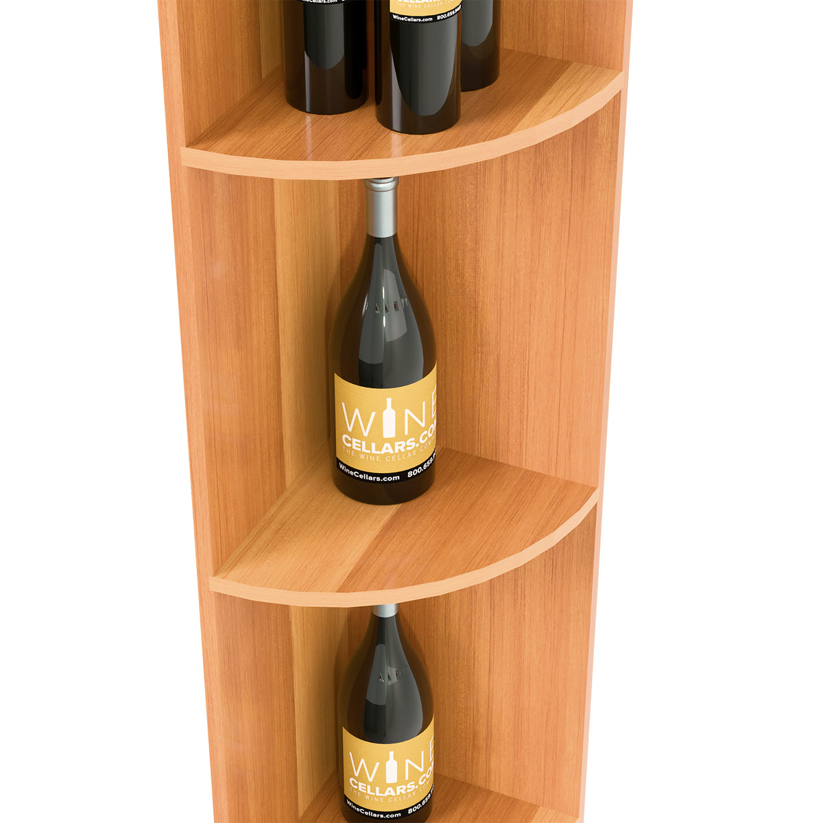 Light-medium wood quarter-round wine shelf cubby with wine bottles, two shelves