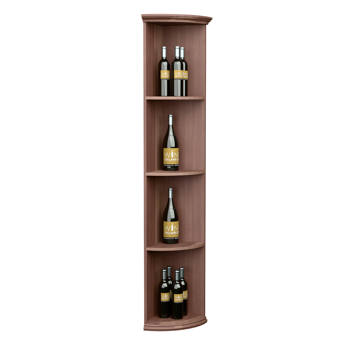 Dark wood quarter-round wine shelf with round base and three curved bottle cubbies