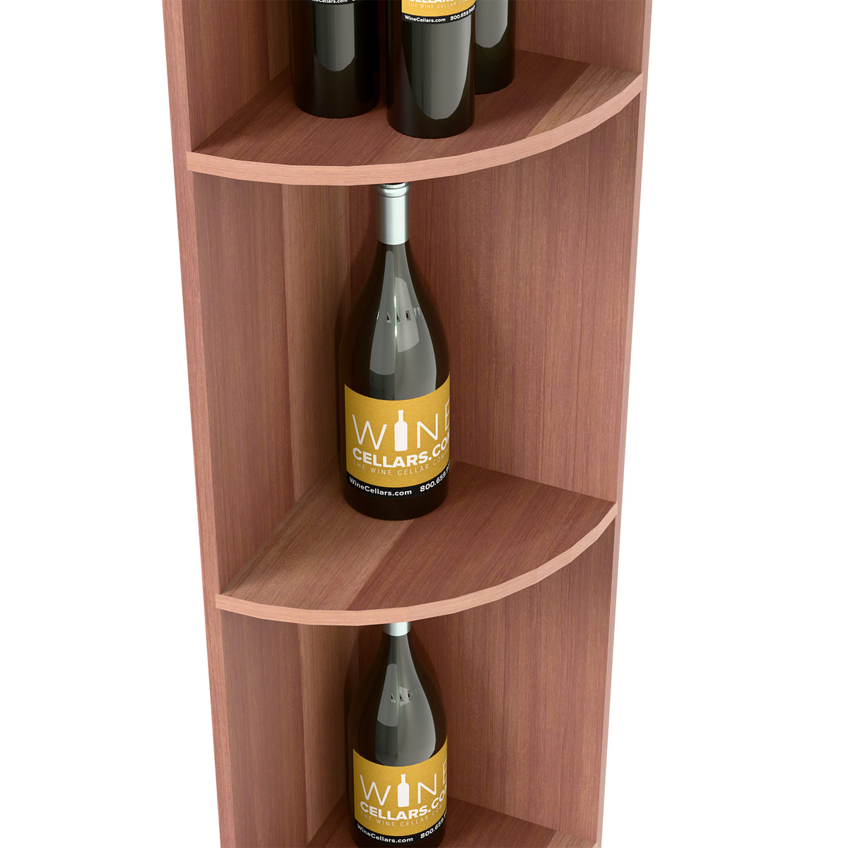 Dark wood quarter-round shelf cubbies with wine bottles on two visible levels