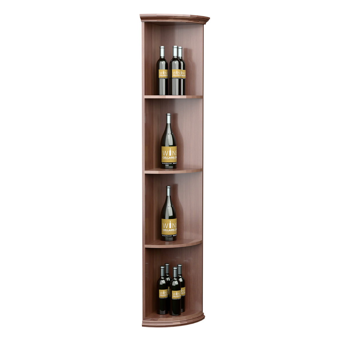 Quarter-round wooden wine shelf with round base, 4 bottle slots, dark finish.