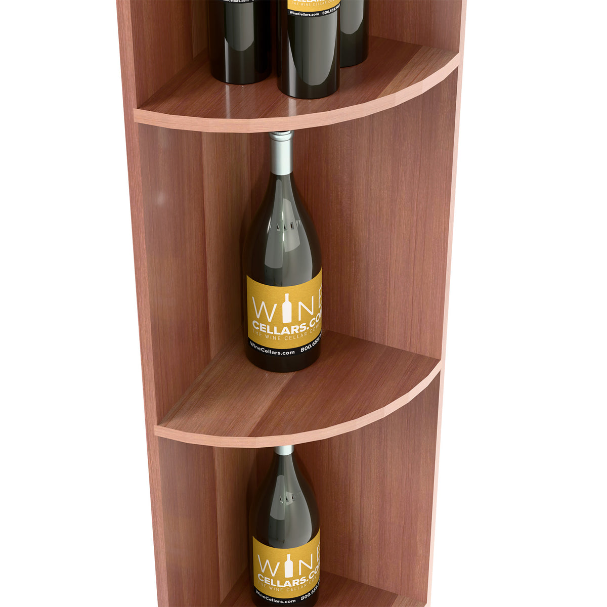 Quarter-round wine shelf detail with curved shelf openings and bottles, warm wood.