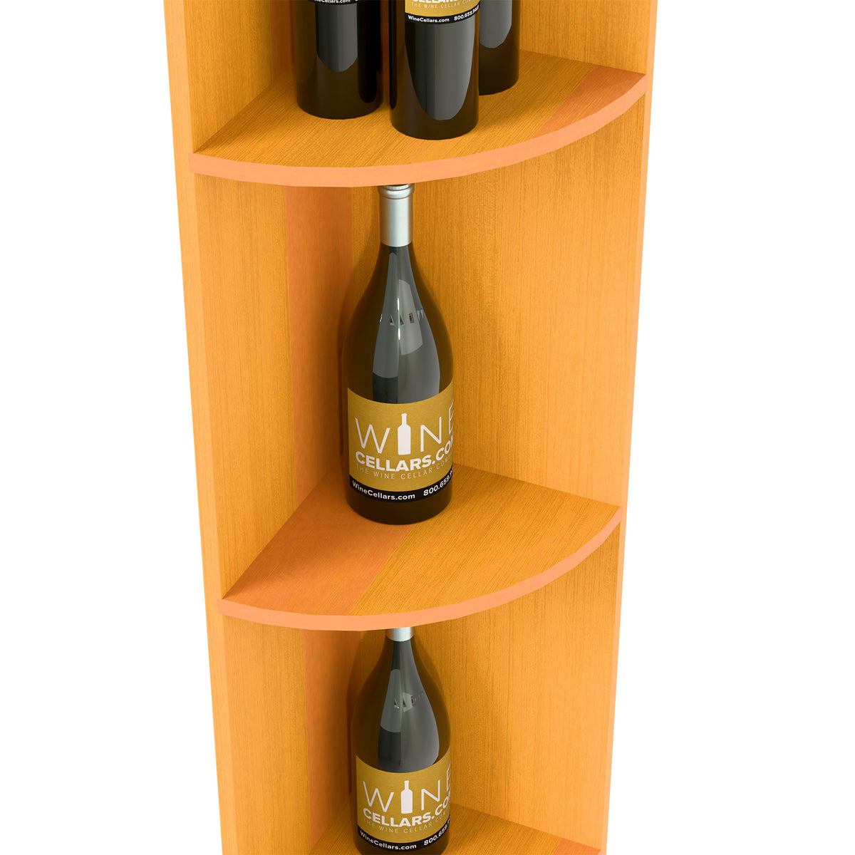 Quarter-round wine shelf detail showing curved shelves and bottle display, light wood.