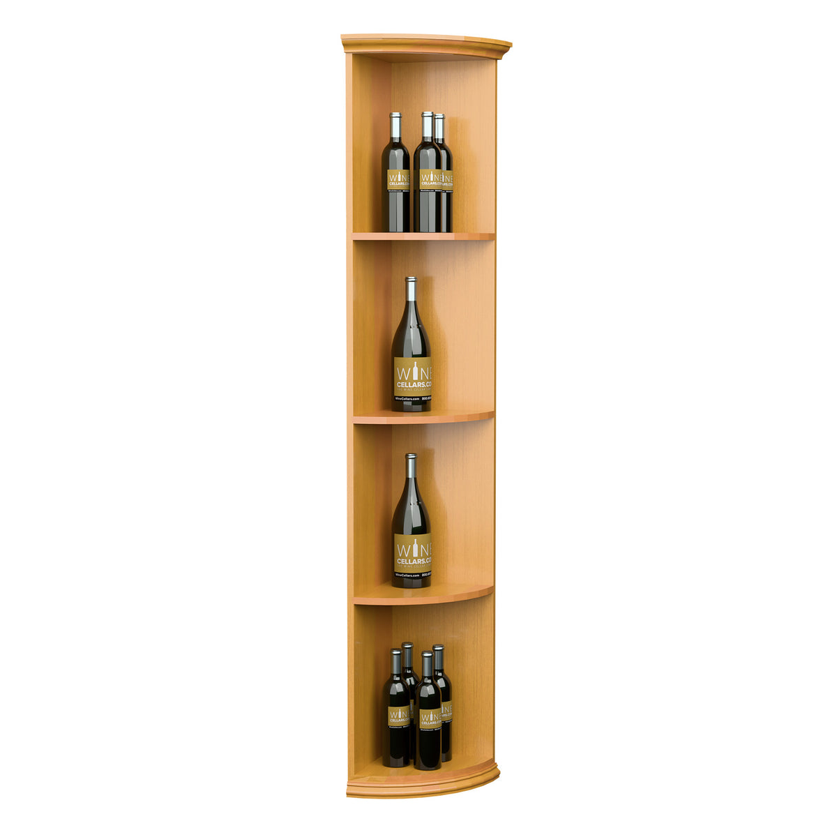 Quarter-round wooden wine shelf with round base, 4 bottle slots, light yellow finish.