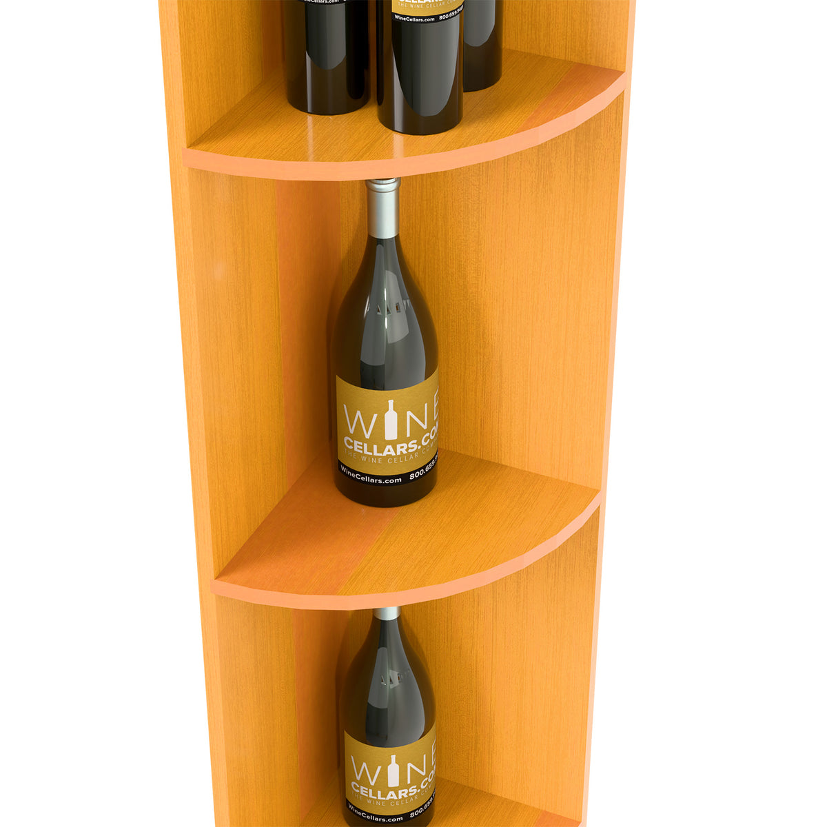 Quarter-round wine shelf detail with bottle on curved middle shelf, warm light wood.