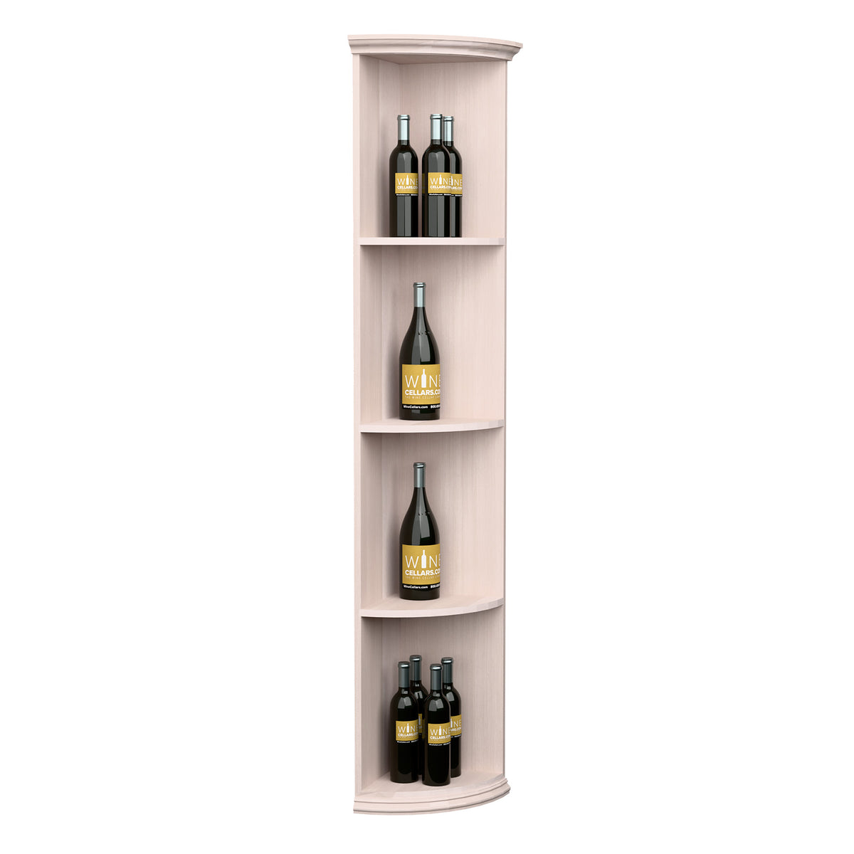 Quarter-round wooden wine shelf with round base, 4 bottle slots, whitewashed finish.