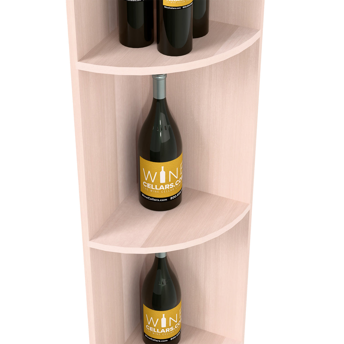 Quarter-round wine shelf detail with curved shelves and bottle display, whitewashed wood.