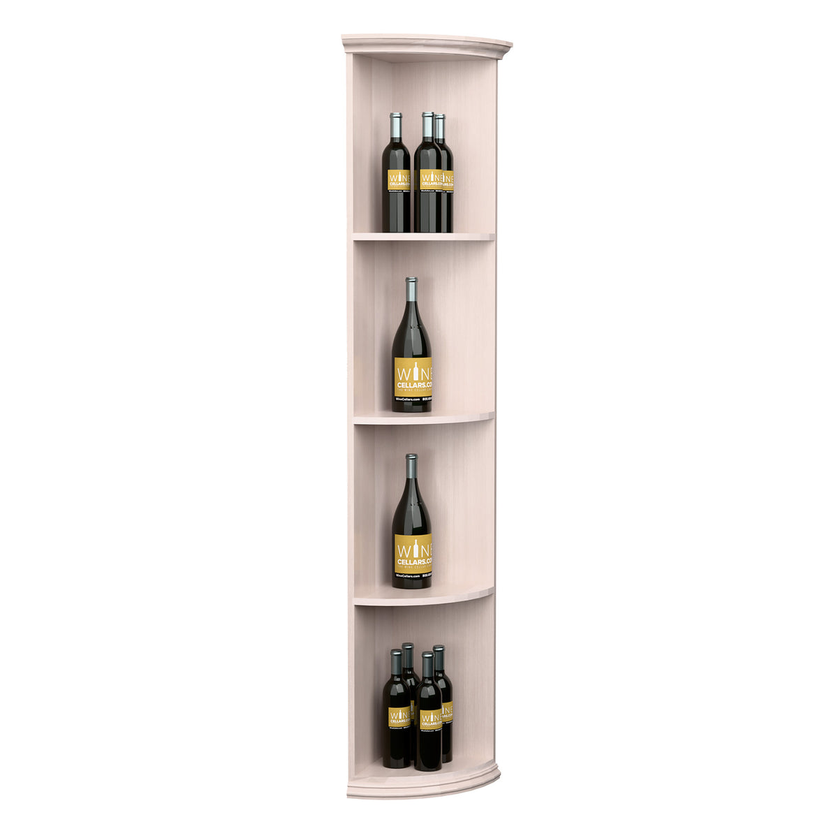Quarter-round wooden wine shelf with round base, 4 bottle slots, whitewashed finish.