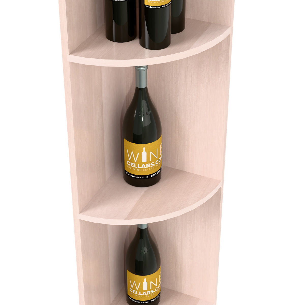 Quarter-round wine shelf detail with bottle on curved shelf, whitewashed wood finish.