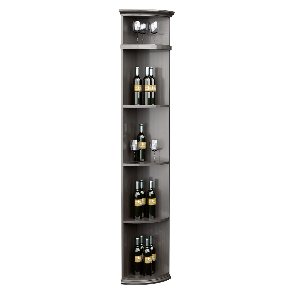 Dark gray quarter-round wine rack with vertical cubbies, rounded shelves, and top display.