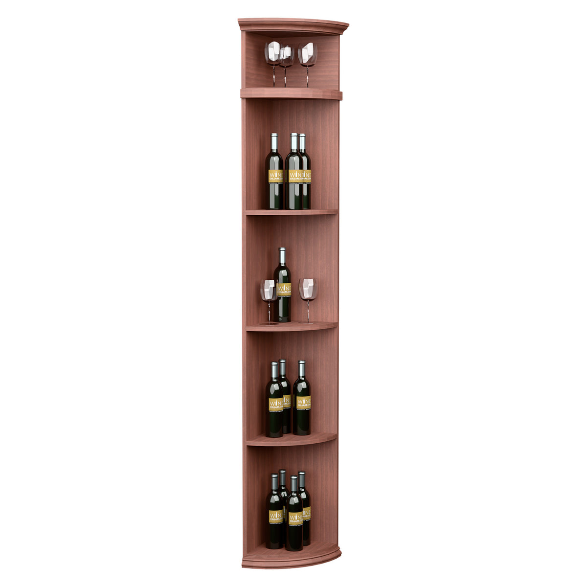 Red-brown quarter-round wine rack with rounded bottom shelves and top glass-cup holders.