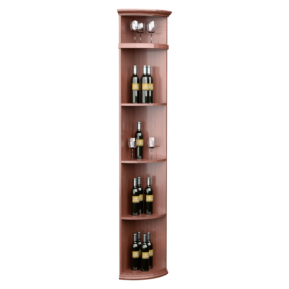 Warm reddish-brown quarter-round wine rack with rounded base shelves and top bottle display.